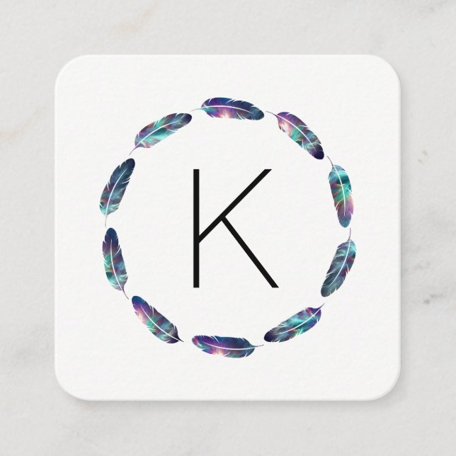 Tarjeta De Visita Cuadrada Patrón de plumas estelares con monograma (Anverso)