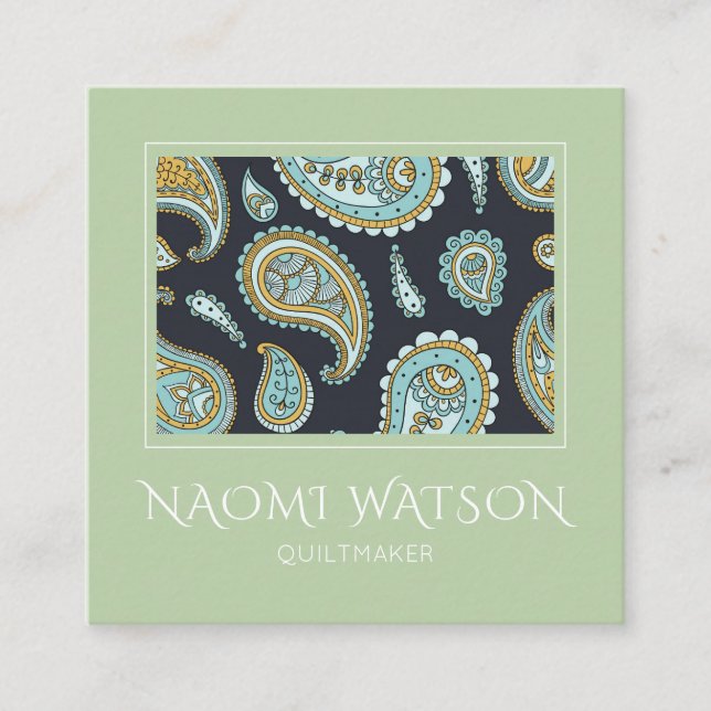 Tarjeta De Visita Cuadrada Patrón De Quiltmaker Moderno Paisley En Verde Sage (Anverso)