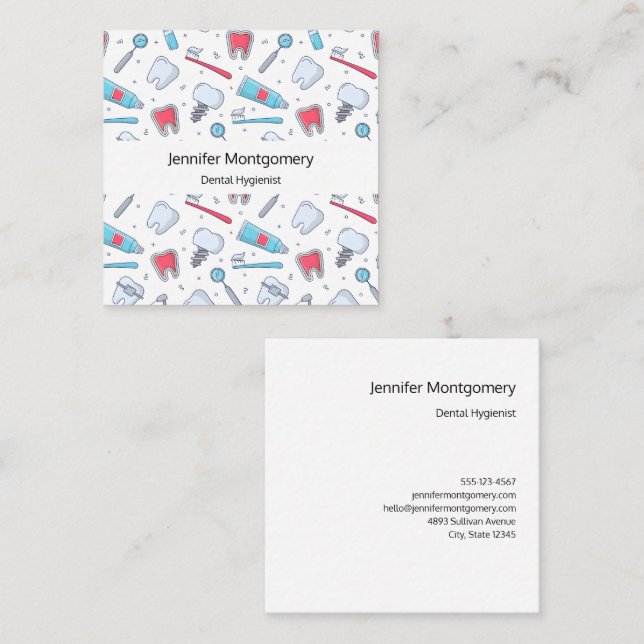 Tarjeta De Visita Cuadrada Patrón dental de dientes y herramientas (Anverso / Reverso)