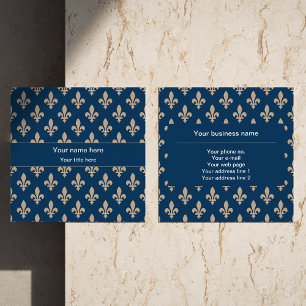Tarjeta De Visita Cuadrada Patrón Fleur de Lis, francés, real, crema, azul