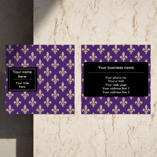 Tarjeta De Visita Cuadrada Patrón Fleur de Lis, francés, real, crema, púrpura
