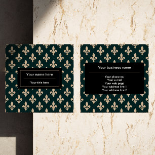 Tarjeta De Visita Cuadrada Patrón Fleur de Lis, francés, real, crema, verde