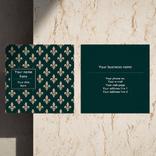 Tarjeta De Visita Cuadrada Patrón Fleur de Lis, francés, real, crema, verde