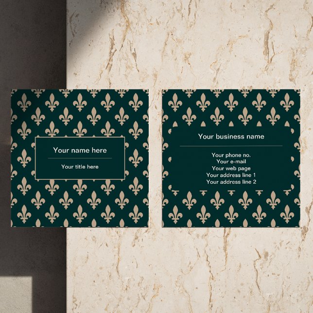 Tarjeta De Visita Cuadrada Patrón Fleur de Lis, francés, real, crema, verde (Subido por el creador)