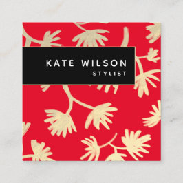 Tarjeta De Visita Cuadrada Patrón floral artístico de oro rojo negrita
