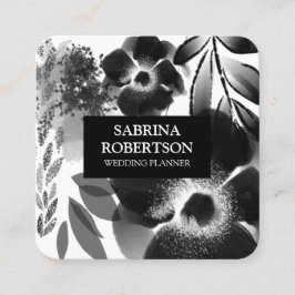 Tarjeta De Visita Cuadrada Patrón floral blanco y negro elegante moderno
