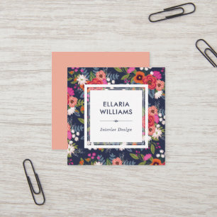 Tarjeta De Visita Cuadrada Patrón floral boho - Azul coral y marina
