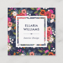 Tarjeta De Visita Cuadrada Patrón floral Boho - Azul de coral y marina