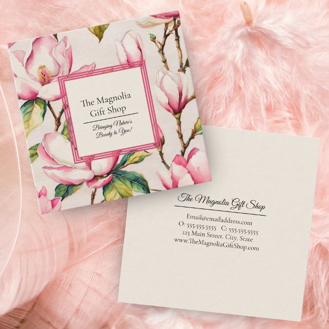 Tarjeta De Visita Cuadrada Patrón floral de Magnolias rosadas (Embrace sophistication with our elegant pink magnolia pattern business card.)