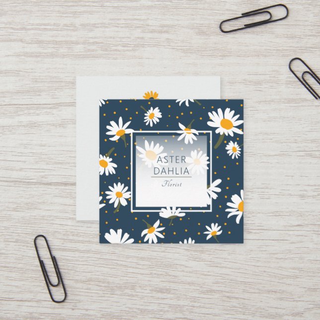 Tarjeta De Visita Cuadrada Patrón floral de punto de margarita blanca amarill (Anverso/Reverso In Situ)