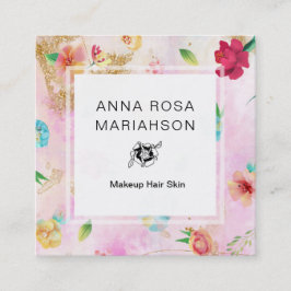 Tarjeta De Visita Cuadrada *~* Patrón floral moderno Purpurina dorado rosado