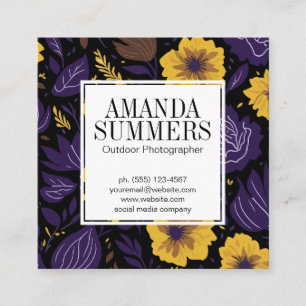 Tarjeta De Visita Cuadrada Patrón floral morado y amarillo