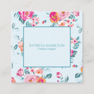 Tarjeta De Visita Cuadrada Patrón floral rosa femenino vibrante sobre menta