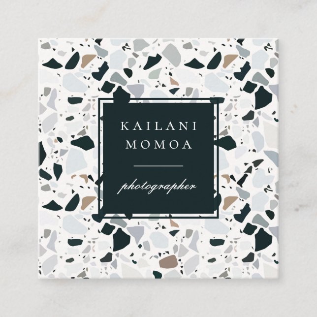 Tarjeta De Visita Cuadrada Patrón natural moderno de Terrazzo Azul (Anverso)