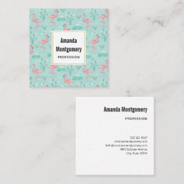 Tarjeta De Visita Cuadrada Patrón verde Pastel Rosa Flamingos