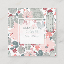 Tarjeta De Visita Cuadrada Patrón verde rosado de Cacti Succulum