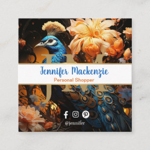 Tarjeta De Visita Cuadrada Pavo Real Azul Dorado Elegante