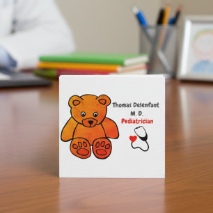 Tarjeta De Visita Cuadrada Pediatra - osito de peluche naranja - estetoscopio