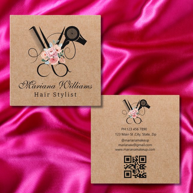 Tarjeta De Visita Cuadrada peinadora floral Scissor qr código kraft marrón (Subido por el creador)