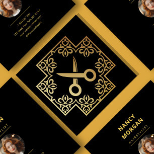 Tarjeta De Visita Cuadrada Peluquería Barbería Marco Dorado Tijeras Foto 
