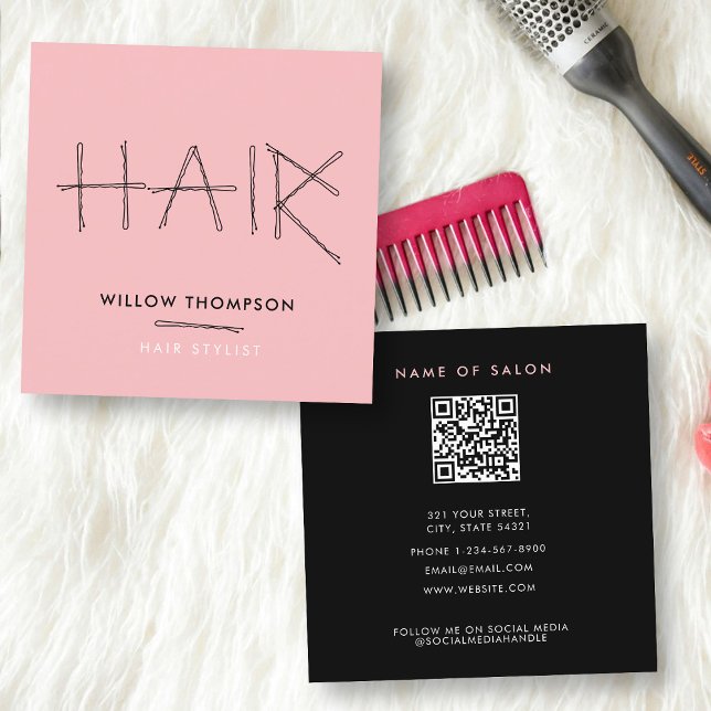 Tarjeta De Visita Cuadrada Peluquería de pelo negro rosa negro Bobby Pins pel (Cute Hairdresser Black Pink Bobby Pins Hair Square Business Card)