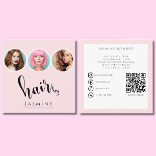 Tarjeta De Visita Cuadrada Peluquero 3 Foto QR Redes Sociales Rosa Rubor