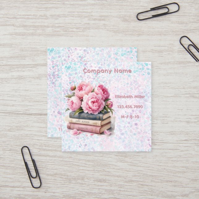 Tarjeta De Visita Cuadrada Peonías Rosadas & Libros Nuevo Capítulo (Anverso/Reverso In Situ)