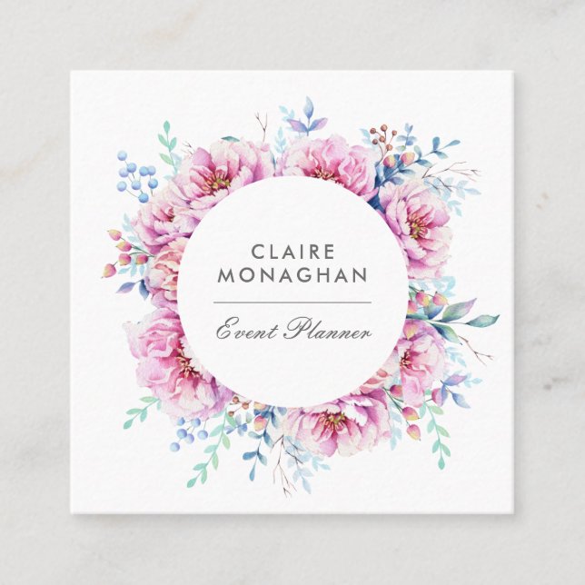 Tarjeta De Visita Cuadrada Peonies rosados | (Anverso)
