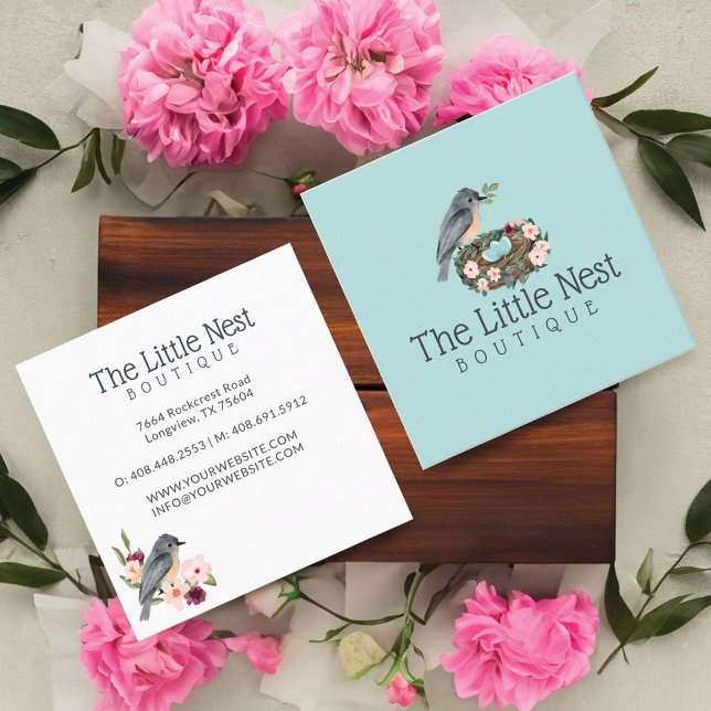 Tarjeta De Visita Cuadrada Pequeña acuarela Cuidada Bird & Nest (Cute Little Watercolor Baby Bird & Nest Square Business Card)