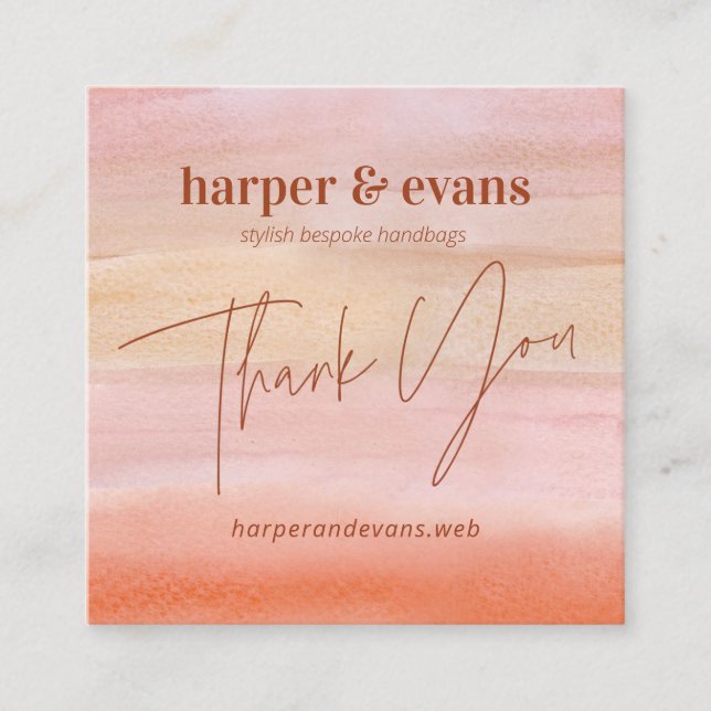 Tarjeta De Visita Cuadrada Pequeña Empresa Dusty Naranja Acuarela Gracias (Anverso)