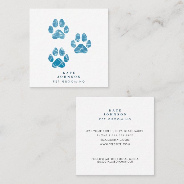 Tarjeta De Visita Cuadrada Perro Groomer Wash Paws Imprime Agua Acuarela (Anverso / Reverso)