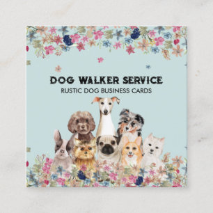 Tarjeta De Visita Cuadrada Perros Flores Teal Servicio Floral Rústico de Masc