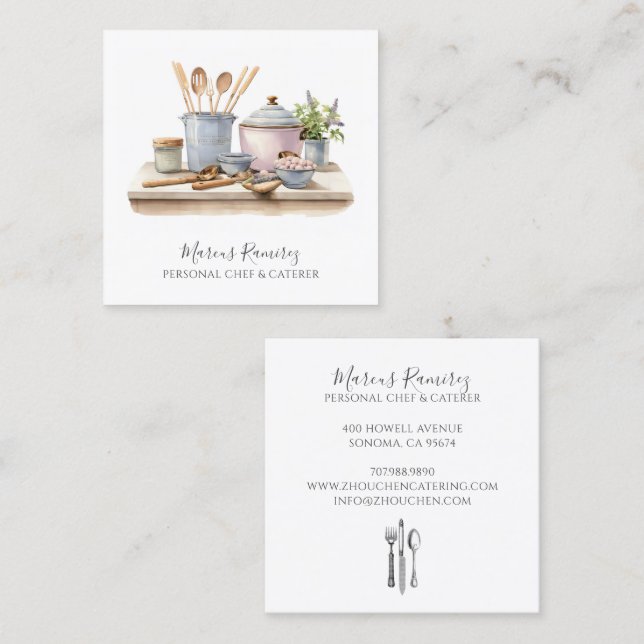 Tarjeta De Visita Cuadrada Personal Chef Kitchen Utensils  (Anverso / Reverso)