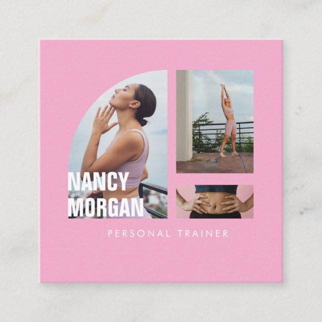 Tarjeta De Visita Cuadrada Personal Trainer Photo Collage Pink (Anverso)
