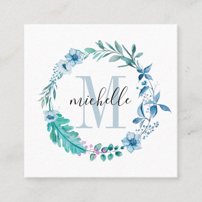 Tarjeta De Visita Cuadrada Personalizable Floral Monograma Azul Primavera (Anverso)