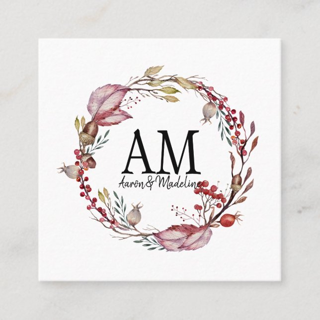 Tarjeta De Visita Cuadrada Personalizable Floral Monograma Foliage Otoño (Anverso)