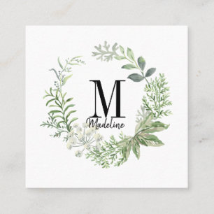 Tarjeta De Visita Cuadrada Personalizable Floral Monograma Verde Foliage