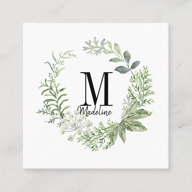 Tarjeta De Visita Cuadrada Personalizable Floral Monograma Verde Foliage (Anverso)