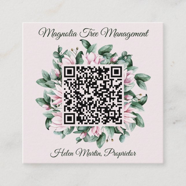 Tarjeta De Visita Cuadrada Personalizado Código QR Marco de flor de Magnolia (Anverso)