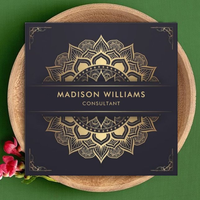 Tarjeta De Visita Cuadrada Personalizado Dark Navy Blue Gold Profesional (Custom Dark Navy Blue Gold Mandala Professional Square Business Card)