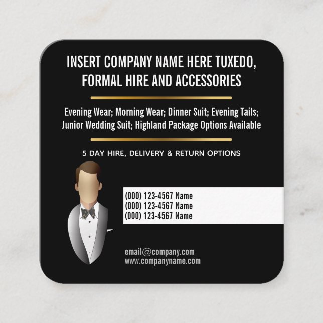 Tarjeta De Visita Cuadrada personalizado de empleo formal de Tuxedo (Anverso)