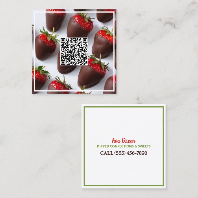 Tarjeta De Visita Cuadrada Personalizado de fresas de chocolate QR (Anverso / Reverso)