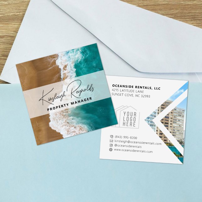 Tarjeta De Visita Cuadrada Personalizado de Ocean / Beach Rental Property Man (Subido por el creador)