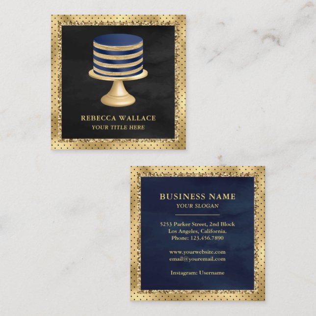 Tarjeta De Visita Cuadrada Personalizado de Relieve metalizado dorado negro p (Anverso / Reverso)