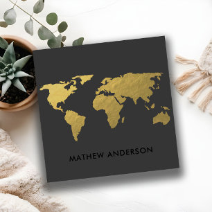 TARJETA DE VISITA CUADRADA PERSONALIZADO EL ELEGANTE MAPA DEL MUNDO DEL ORO F