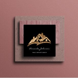 Tarjeta De Visita Cuadrada Personalizado Logotipo Casa Real Estate Agent Gold