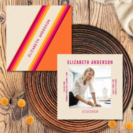 Tarjeta De Visita Cuadrada Personalizado Naranja rosado oscuro rayas retro 70