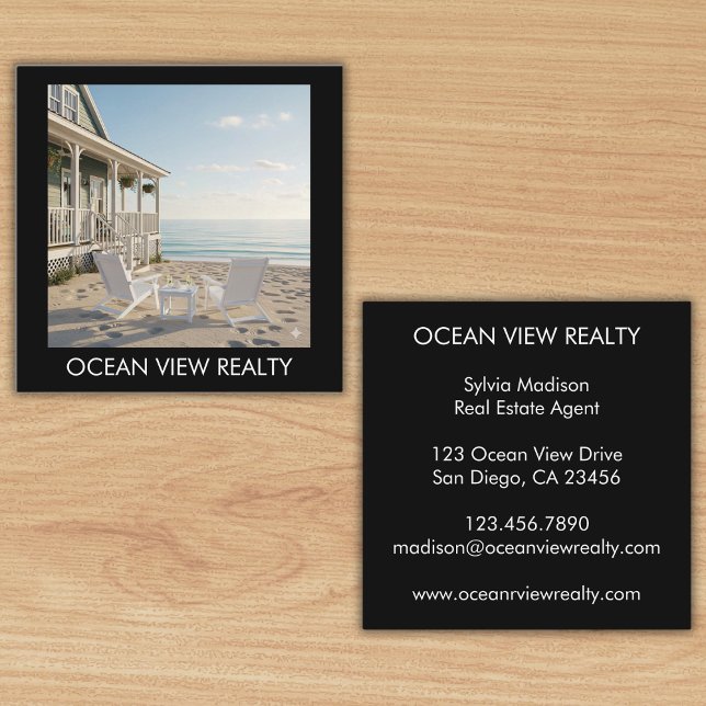 Tarjeta De Visita Cuadrada Personalizado Ocean View Photo Realty Black (Custom Ocean View Photo Realty Black Square Business Card)