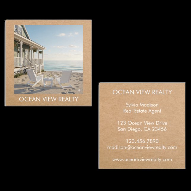Tarjeta De Visita Cuadrada Personalizado Ocean View Photo Realty Kraft (Custom Ocean View Photo Teal Estate Agent Kraft Square Business Card)