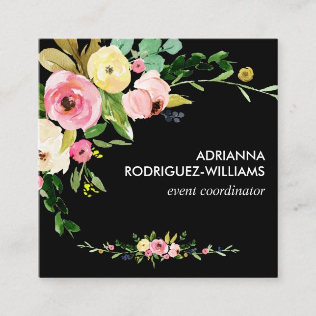 Tarjeta De Visita Cuadrada Personalizado Personalizado Rubor Boho Flores Nomb (Anverso)